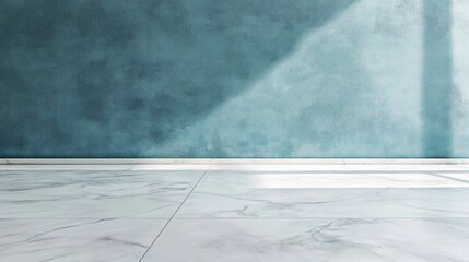 Canvas Print - Empty room with blue wall and white marble floor.