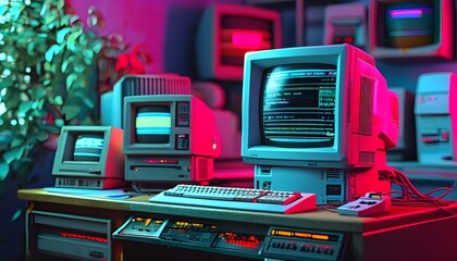 Retro 80s and 90s vintage computer with a CRT monitor illuminated by vibrant neon lights