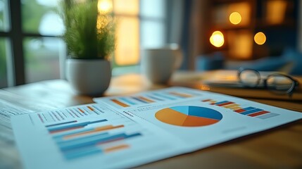 In-depth business analysis captured through vibrant pie charts and bar graphs on a document, showcasing data-driven decision making. analysis data. Ultra realistic. Photorealistic