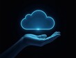© dimas - hand holding glowing cloud hologram on black background