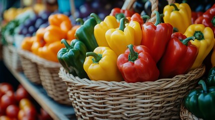 A vibrant display of colorful bell peppers in woven baskets at a market.