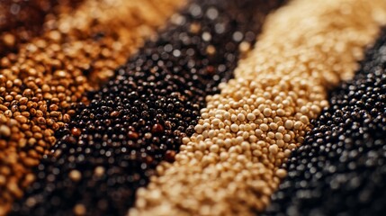 Wall Mural - Several grains in various shades and shapes arranged on a table with a brown, black, yellow, and white palette in high-resolution