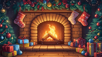 Cozy colorful Christmas fireplace with stockings, decorated festive tree, and gifts.