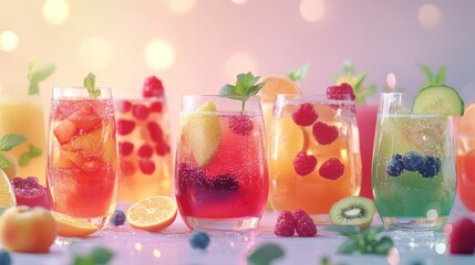 There is a row of colorful juice-filled glasses on a table with an orange and kiwi on top