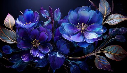 elegant dark blue flowers with lush green leaves, creating a sophisticated and vibrant botanical des
