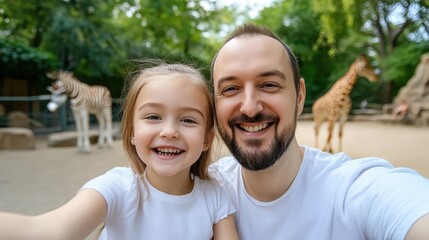 Happy father and daughter taking a selfie at the zoo, with a zebra and giraffe in the background on a sunny day.