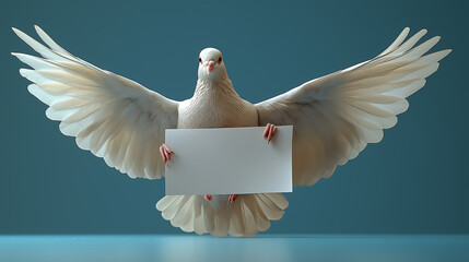 A white dove holding blank sign with wings spread, symbolizing peace and love, ideal for weddings, invitations, or greeting card designs