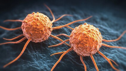 A close-up of two connected cancer cells in three dimensions