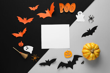 Sticker - Blank card with paper bats, ghosts, spiders, pumpkin and word BOO for Halloween party on color background