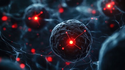 Wall Mural - abstract 3d illustration of red glowing spheres connected by a network of lines.