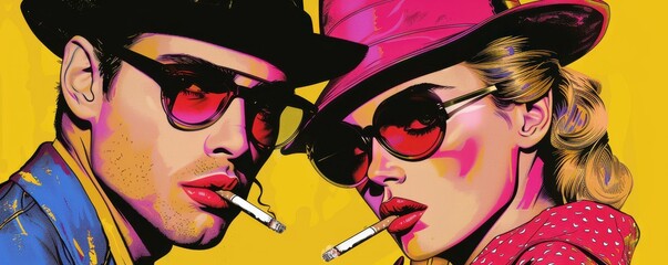 Wall Mural - Bold, colorful pop art style illustration of a fashionable couple wearing sunglasses and hats.