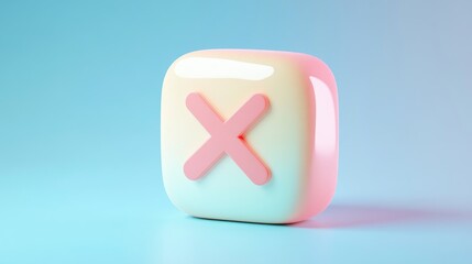 A 3D rendered pink 'X' symbol inside a pastel yellow and blue square on a gradient blue background.