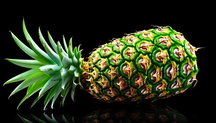 Wall Mural - Vibrant pineapple with lush green leaves set against a dramatic black backdrop