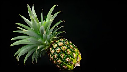 Wall Mural - Vibrant pineapple with lush green leaves set against a dramatic black backdrop