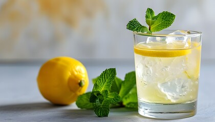 Chilled lemonade infused with fresh lemons, ice, and a hint of mint for a refreshing summer drink