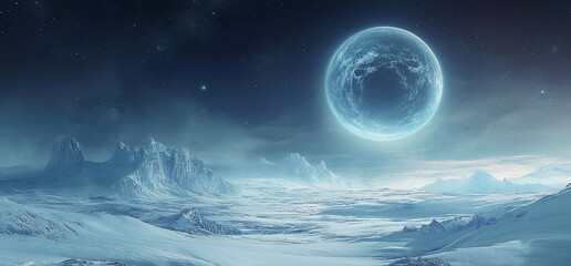 Wall Mural - A serene, icy landscape under a large moon, evoking a sense of tranquility.