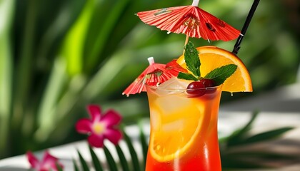 Wall Mural - Tropical summer cocktail with orange and a vibrant red umbrella garnish