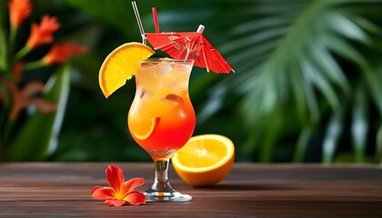 Tropical summer cocktail with orange and a vibrant red umbrella garnish