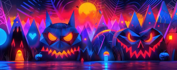 Bright neon Halloween-themed artwork with geometric shapes and glowing pumpkin faces. Free copy space for banner.