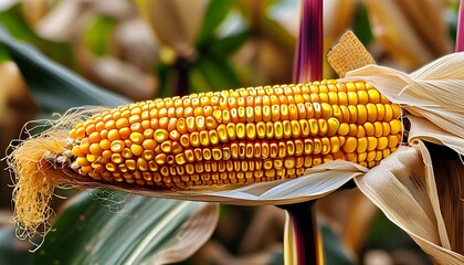 Freshly harvested corn on the cob with vibrant yellow kernels nestled in its natural husk