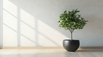 Canvas Print - Minimalist interior with a potted plant in front of a white wall and wooden floor.