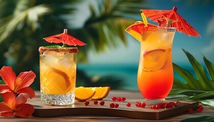 Wall Mural - Tropical summer cocktail with orange and a vibrant red umbrella garnish