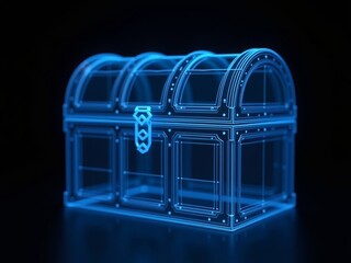 Polygonal blue hologram of treasure chest on dark background.