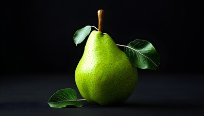 Vibrant green pear with lush leaves against a striking black backdrop