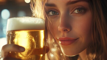 Lovely, content woman sipping lager. close-up picture 