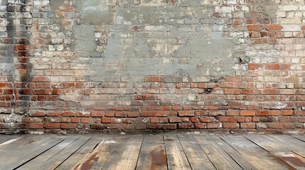 Sticker - Old weathered brick wall with rustic wooden floorboards.