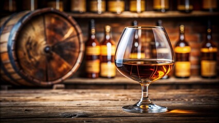 Elegant brandy snifter filled with amber liquid on a rustic wooden table with bottles in the background