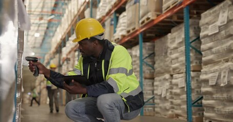 Poster - Stock, tablet or man with barcode scanner in factory for inspection, track or manage inventory. Warehouse, checklist or worker with digital for quality check, packaging or delivery for supply chain