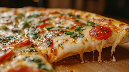 A close-up of a delicious pizza slice topped with cheese, pepperoni, and herbs.