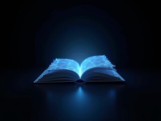 Poster - Polygonal blue hologram of open book on dark background.