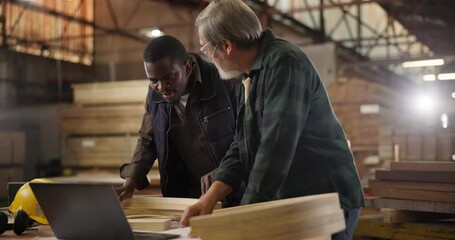 Canvas Print - Teamwork, carpenter and laptop in workshop, apprentice and designer furniture manufacturing. Mentorship, carpentry and men at sustainable business, teaching and learning with computer for job project