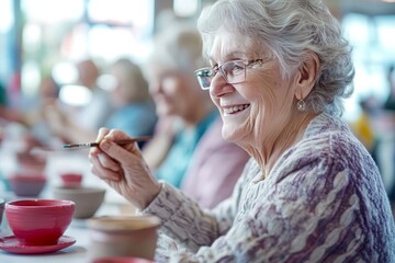 group of Elderly individuals engaging in art and craft activities, such as painting or pottery, happy, smiling, 