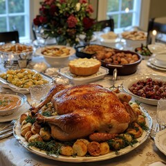 A roasted turkey is on a table surrounded by food plates