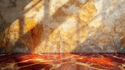 Wall Mural - Rustic orange wall with red marble floor.