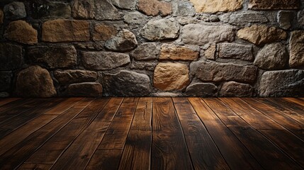 Rustic stone wall background with wooden floor.