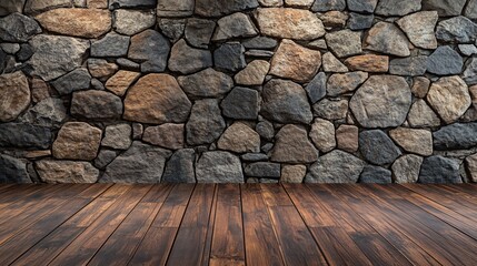 Sticker - Rustic stone wall backdrop with wood floor.