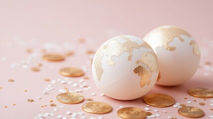 Wall Mural - Two white globes with gold accents and scattered confetti on pink background.