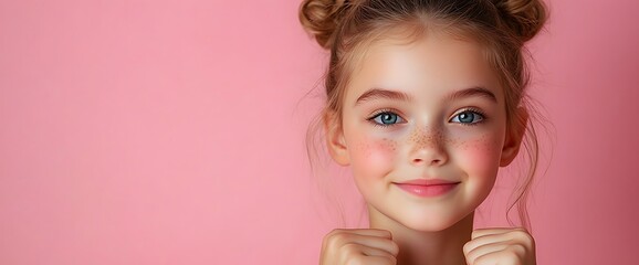 Portrait of a young girl with pigtails and a pink background.