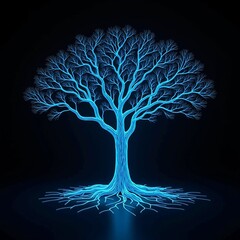 Poster - blue neon tree of life hologram on black background