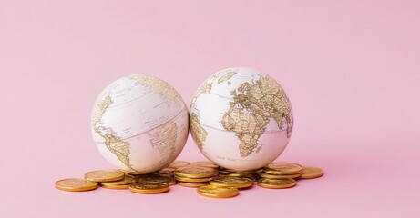 Wall Mural - Two miniature globes on a pile of gold coins against a pink background.