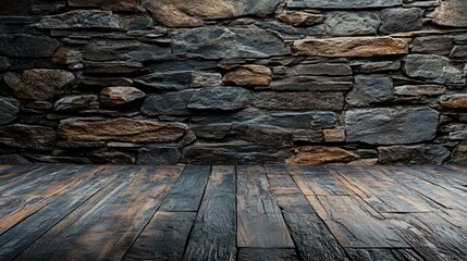 Sticker - Rustic wooden floor in front of a stone wall.