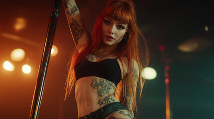 Wall Mural - Beautiful Redheaded Woman with Colorful Tattoos Dancing on a Pole in a Club