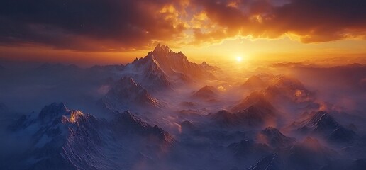 Wall Mural - A breathtaking mountain landscape at sunset, showcasing dramatic peaks and vibrant colors.