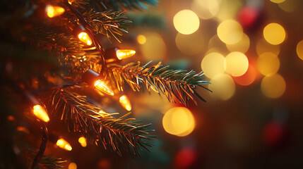 Close-up of colorful Christmas lights on a festive tree with blurred bokeh background.