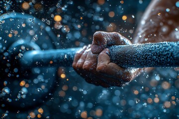 A dynamic close-up shot of a person’s hands firmly gripping a barbell in a gym environment. 