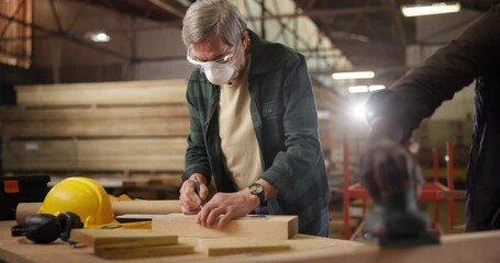 Sticker - Carpenter, wood and men measure in workshop for manufacturing, furniture and building. Carpentry, teamwork and workers with measurement, machine and equipment for lumber, production or timber factory